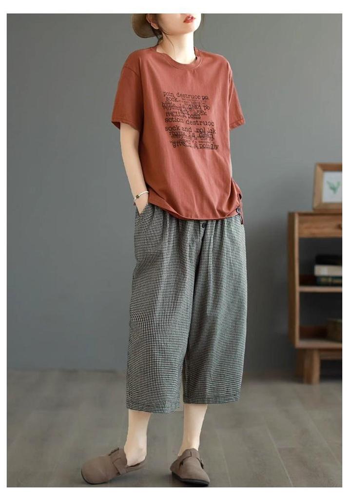 Women's Retro Plaid High-Waisted Wide-Leg Cropped Pants - Summer Lightweight Style