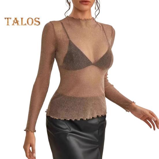 

Женские топы, кружевные, с длинным рукавом и полувысоким воротом, однотонные прозрачные сетчатые топы из пряжи S дубильная кора