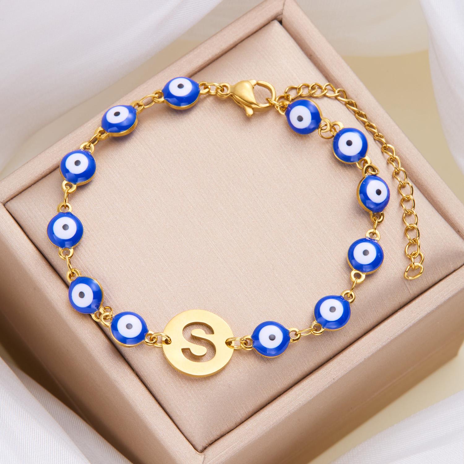 

Lucky Turkey Evil Eye Bracelet For Women Men A-Z 26 Initials Alphabet Blue Eye Stainless Steel Metal Chain Bangles Luck Jewelry