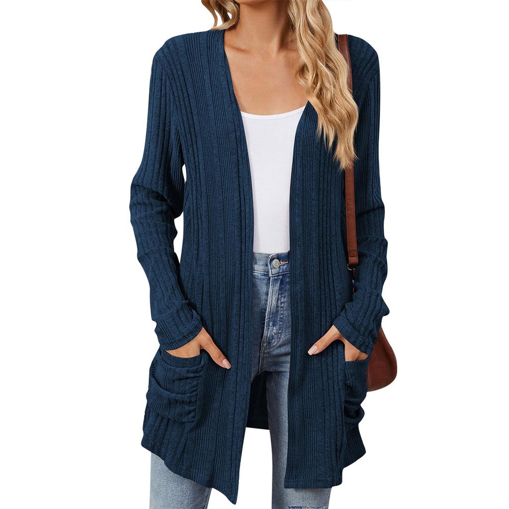 Women's Color Long Sleeve Knit Cardigan with Pockets for Fall Winter Layering