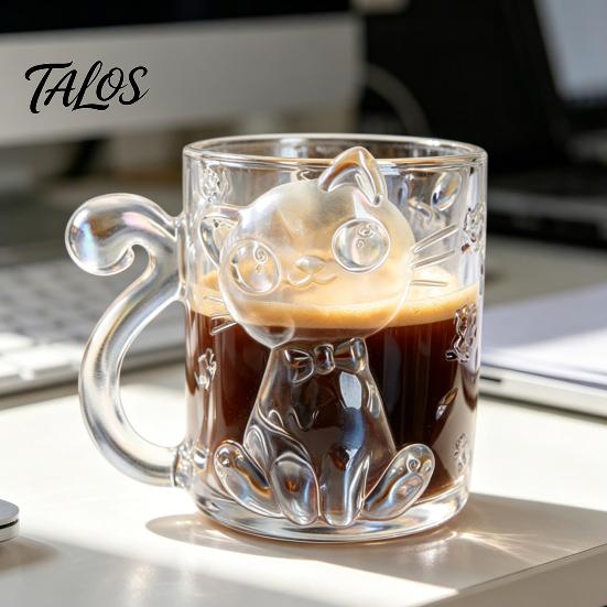 Cartoon-Katze Trinkglasbecher, Isolierter Glas-Kaffeebecher, mit Katzen-Schwanz-Griff-Design, Transparenter Becher für Heiße Kalte Getränke