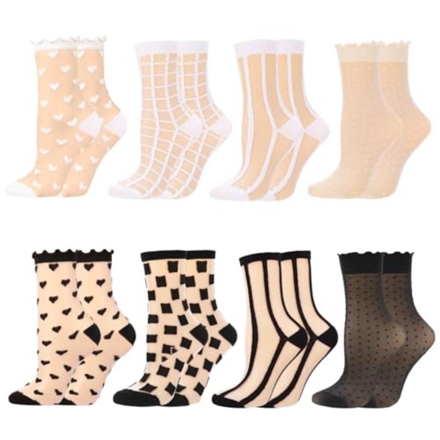 8 Pairs Women S Sheer Ruffle Socks Summer Transparent Lace Ankle High Mid Calf Socks Thin Lace See Through Sock