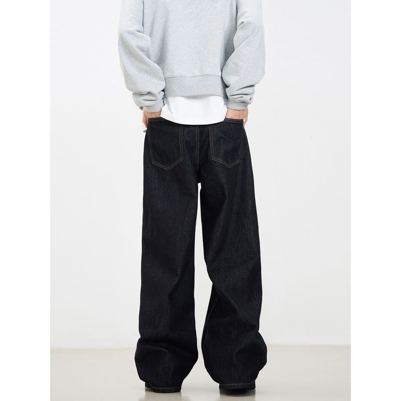 Kisko American Retro Washed Basic Cleanfit Black Jeans Unisex Loose Straight Versatile Pants