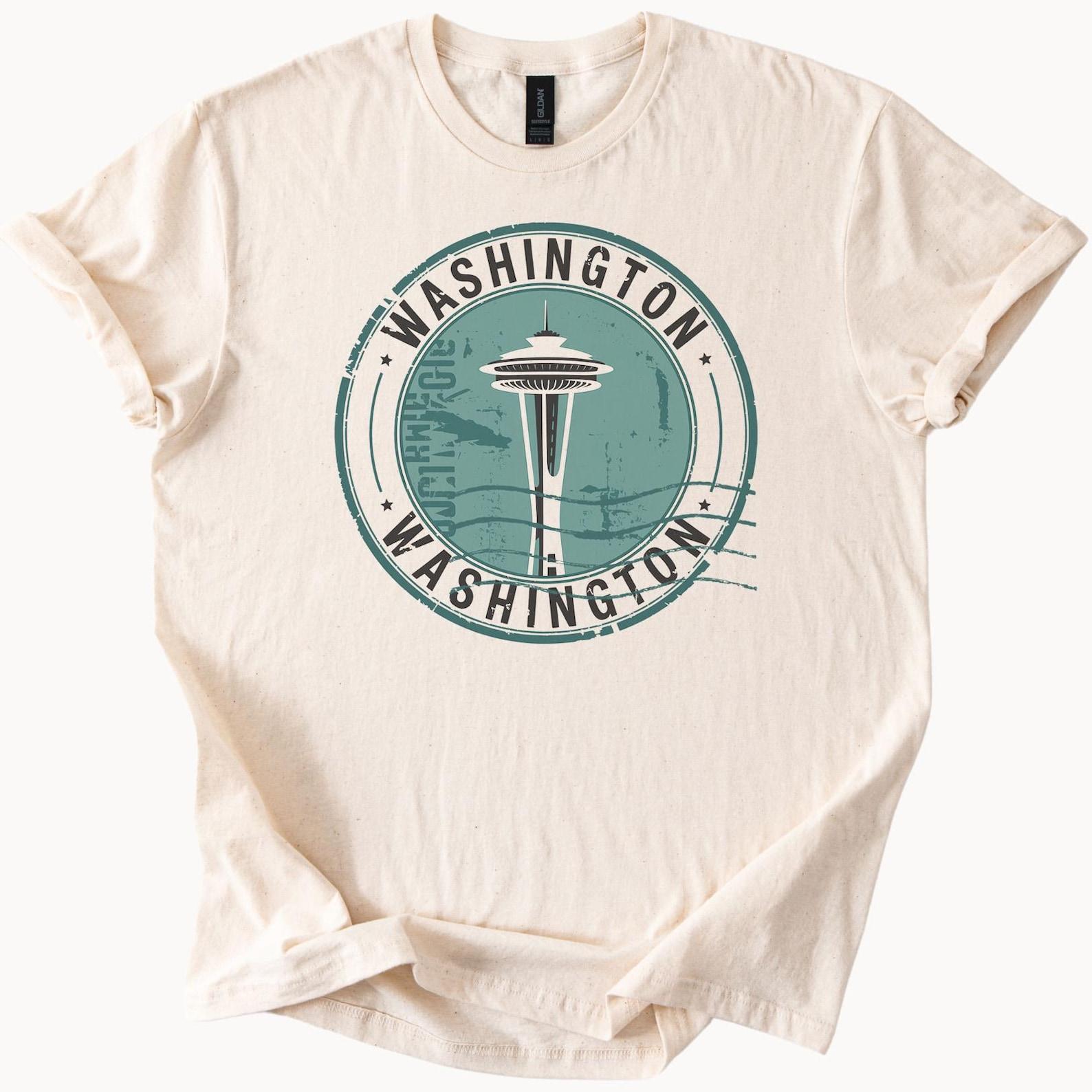 Washington State Graphic T Shirt with Space Needle Seattle Landmark Design Unique Washington Souvenir Tee Gift for Travelers 100