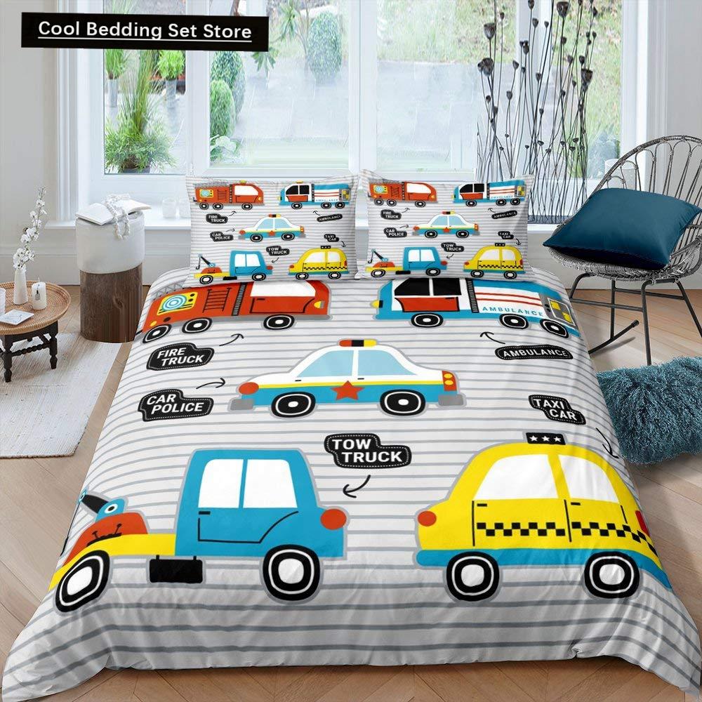 Gelbes Taxi Auto King Queen Bettbezug Jungen Cartoon Transport Bettwäscheset Rosa Stadtlandschaft Steppdeckenbezug Polyester Bettdeckenbezug