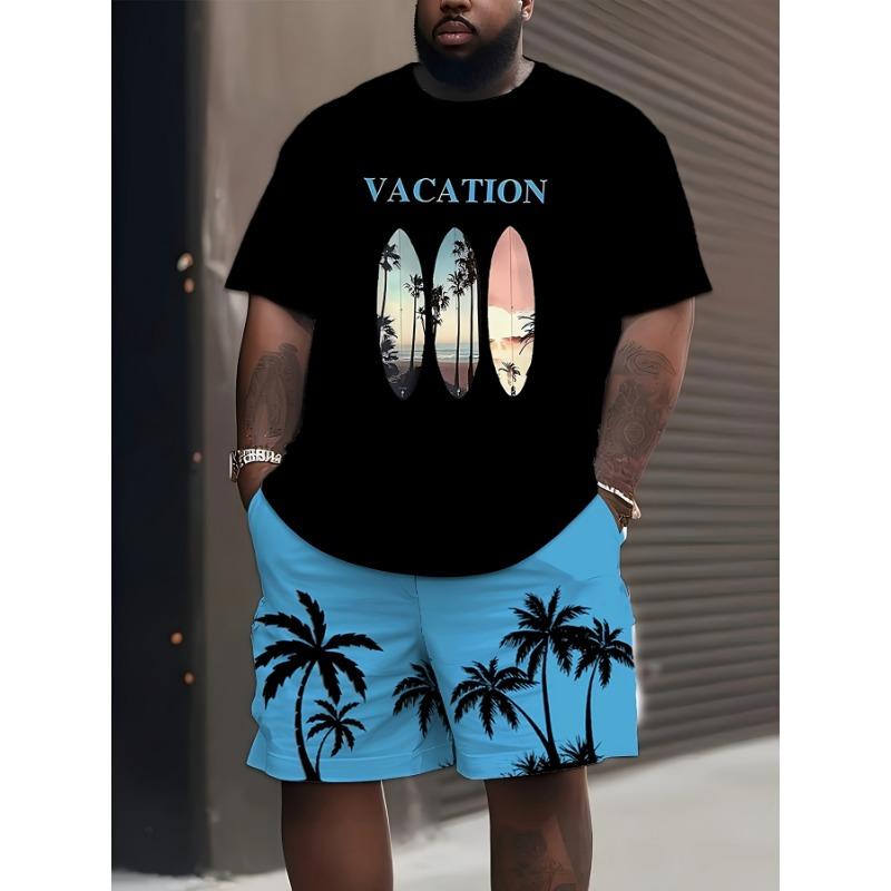 Men s Summer Vacation Set: Black Tee with Surfboard Graphic  Blue Palm Tree Shorts. Loose Fit Big Size for Beach Holiday S разноцветный