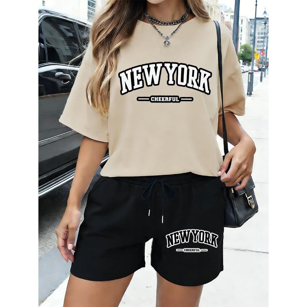 New York Cheerful Letter Print  Shorts Womens Basic Two Pieces Set T-Shirt Pants Summer High Waisted Oversize Clothes