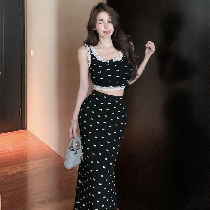 

Black Bow Knot Lace Camisole & Skirt Two-Piece Set for Women - New Style Summer Outfit M