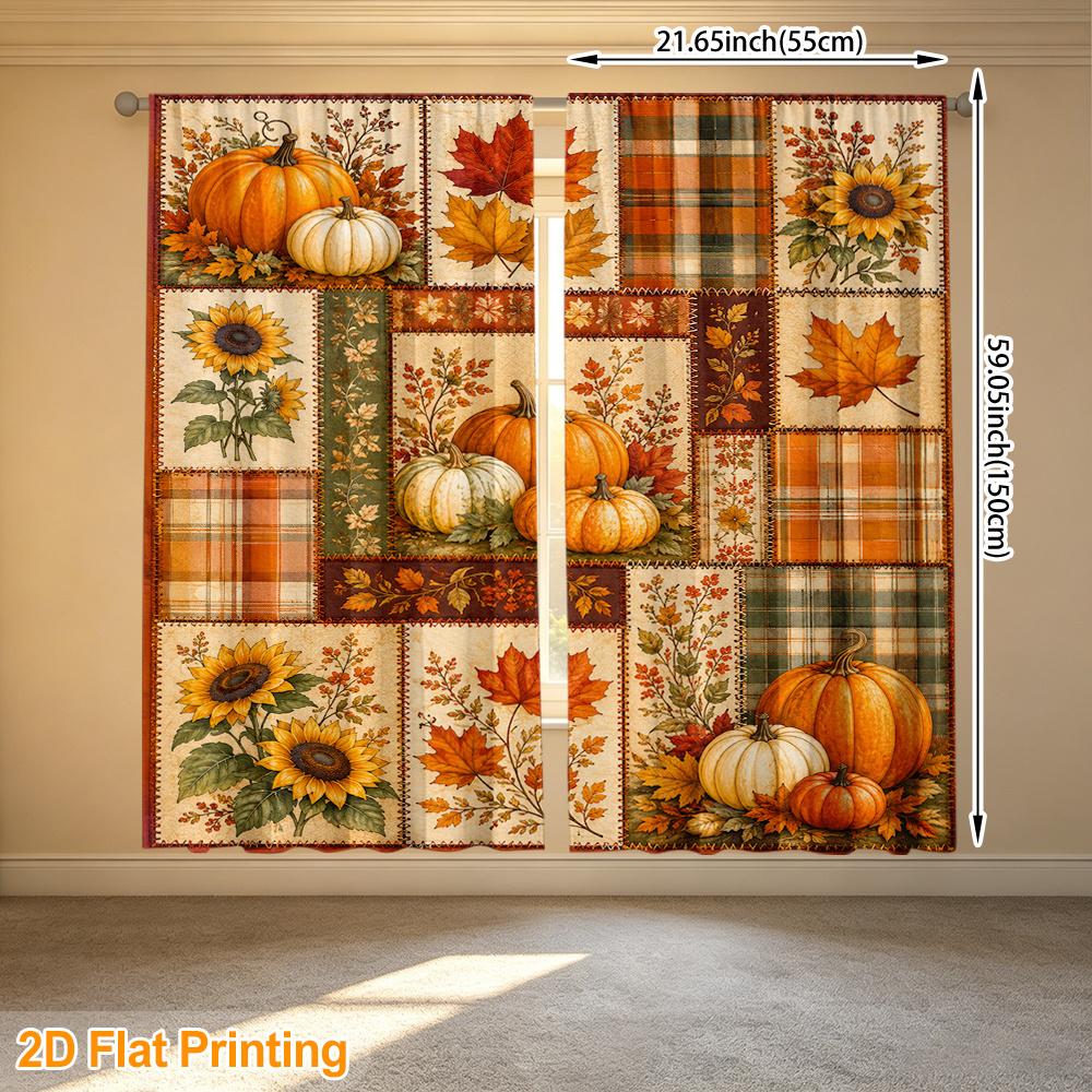 2pcs Rod Pocket Curtain with Autumn Patchwork Pumpkins Leaves Sunflowers Print, Stylish Window Drapes for Home Decor Living Room Bedroom