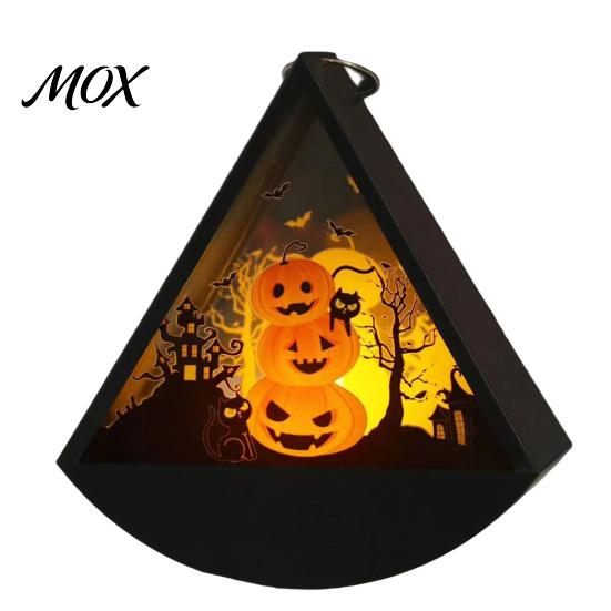 Halloween Gift for Kids Triangle LED Lantern, Tumbler Shape Night Light with Witch Ghost Paper Carving Silhouette Lights Pumpkin, Battery Operated
