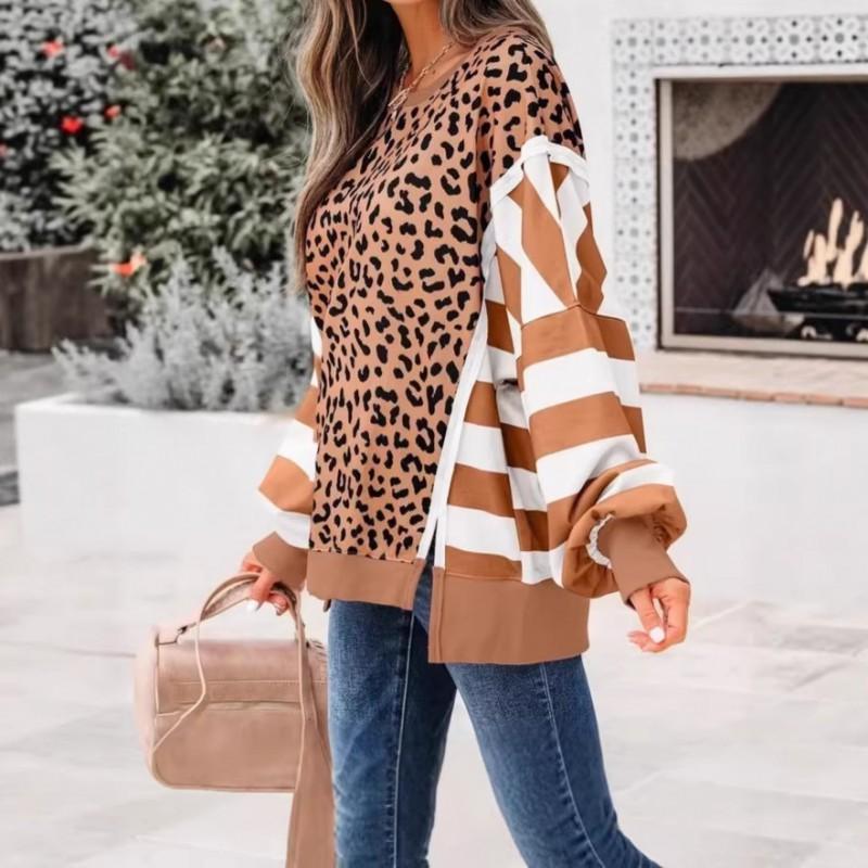 Womens Casual Oversized Round Neck Sweatshirt With Leopard Print Patchwork Stripe Design 2026