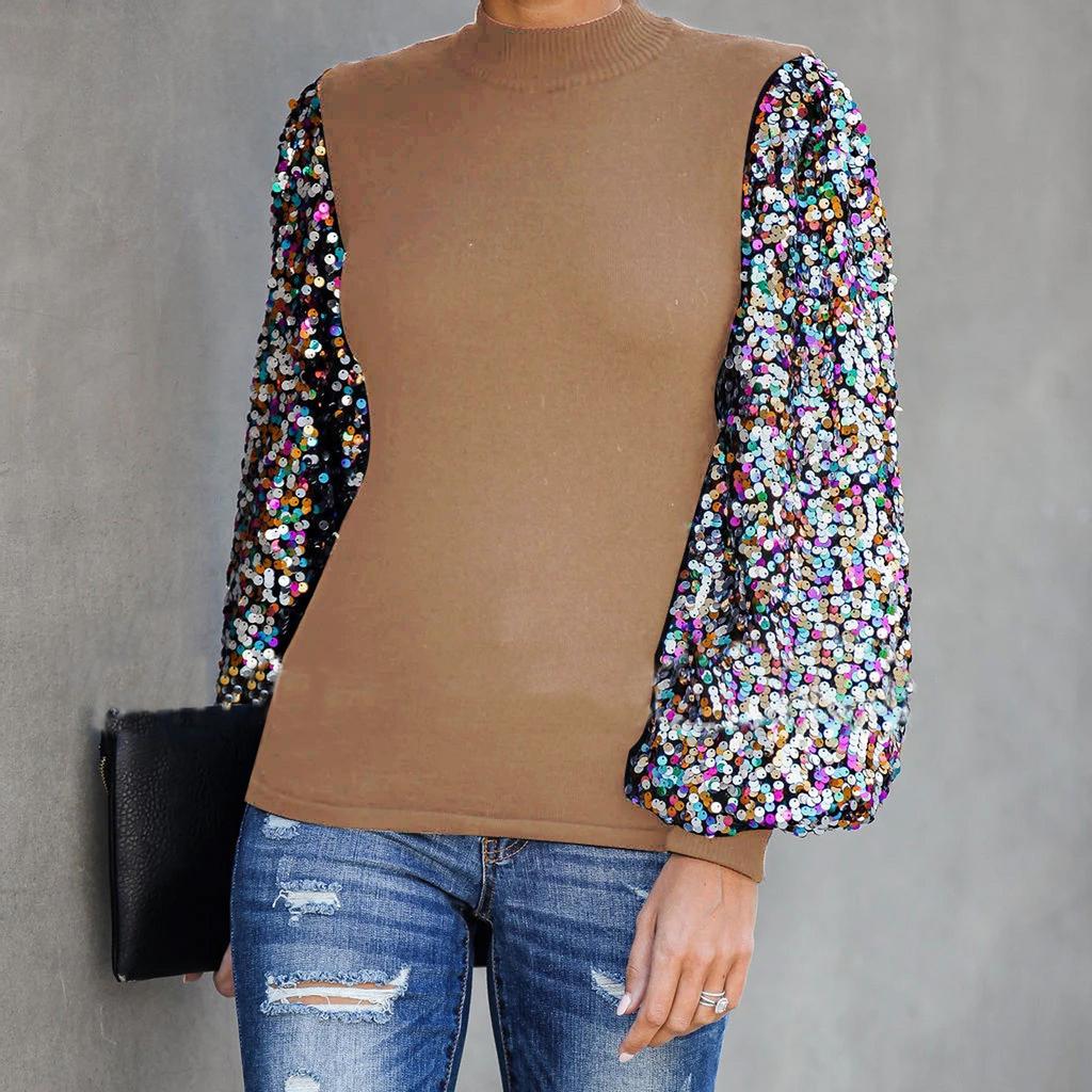 Damen Halbhoher Kragen Pailletten Paillettennaht Ärmel Langarm Oberteil