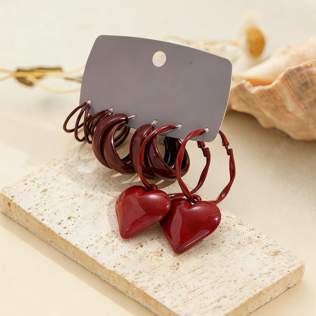 Six-piece set of dripping oil geometric round love silver needle earrings retro Hong Kong style niche earrings