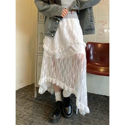 Chic Women Y2k Skirt Lace High Waist Asymmetrical A Line Skirts French Style Fashion Folds Sweet Skirts Vintage Slim Basic Skirt