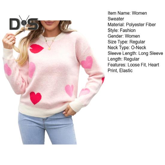 Women Knitting Sweater Round Neck Long Sleeve Heart-Shaped Tops Loose Fit Elastic Knitwear Valentine Day Tops