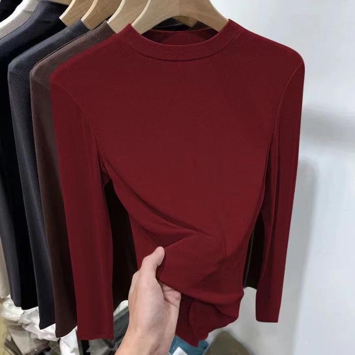 Tricou cu guler mic, față-verso din fleece, pentru femei, croială slim, cu mânecă lungă – Versatil pentru primăvară/toamnă, stil european, top cu nervuri