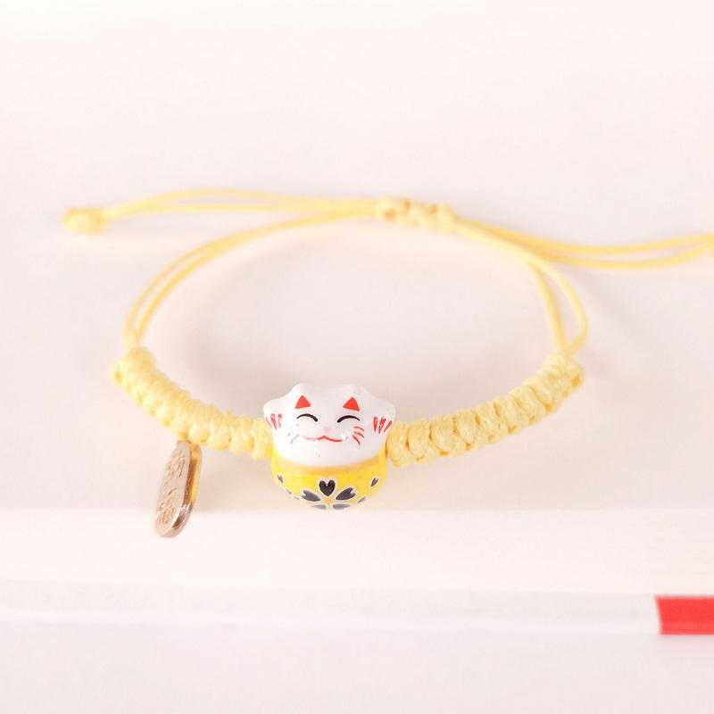 Hand Woven Wax Thread Ceramic Wealth Attracting Cat Bracelet, Cute Cat Adjustable Hand Rope Bracelet