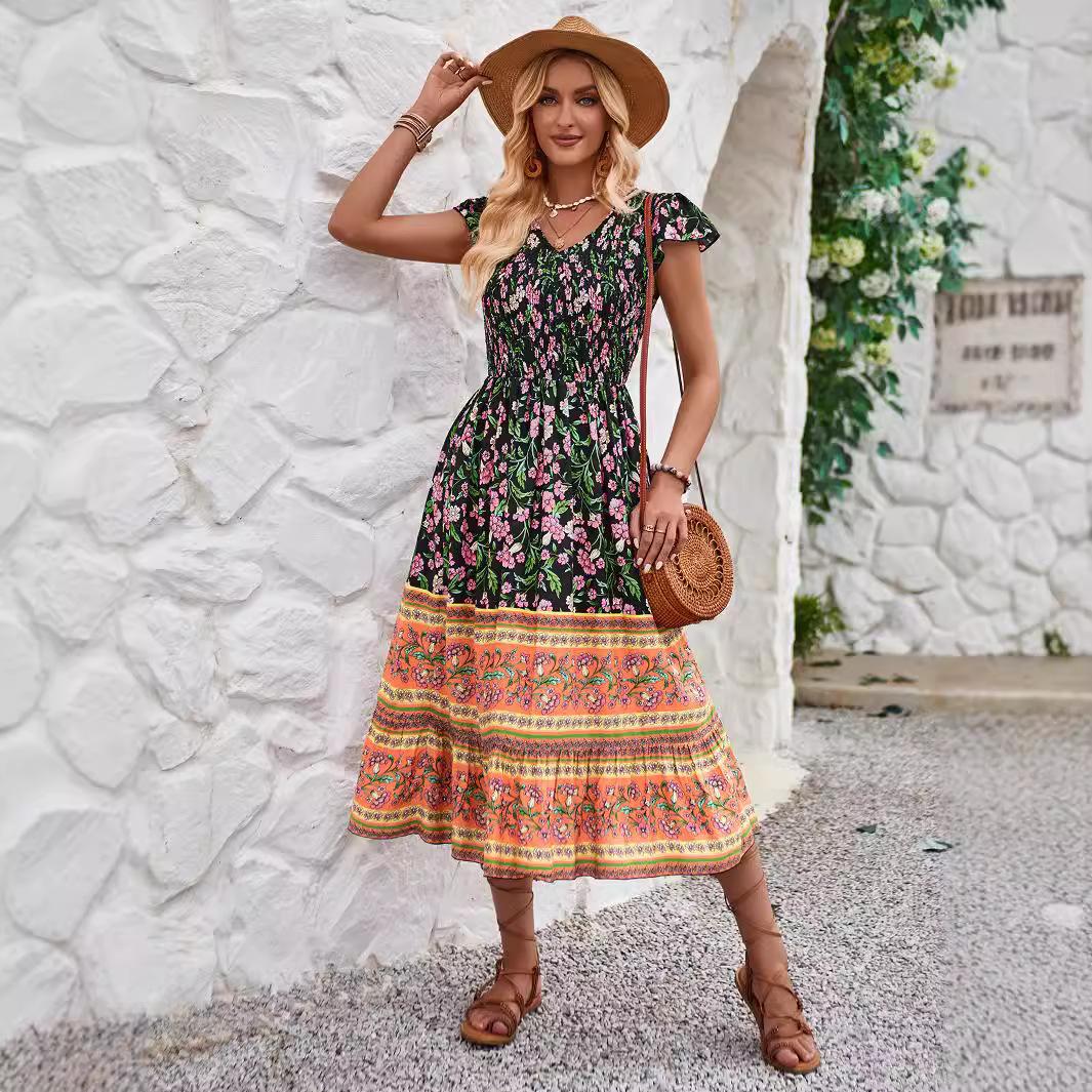 

Женское весеннее платье с V-образным вырезом и короткими рукавами-крылышками, летнее повседневное платье А-силуэта с высокой резинкой на талии, средней длины, в стиле бохо, размеры S-XL L чёрный