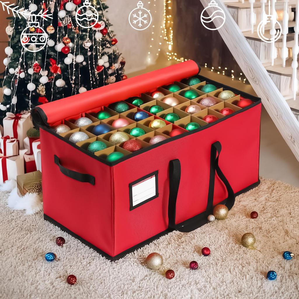 Caixa de Armazenamento para Decoração de Bola de Natal Organizador de Enfeites de Natal Caixa com Grade Ajustável e Removível Saco para Laços de Natal