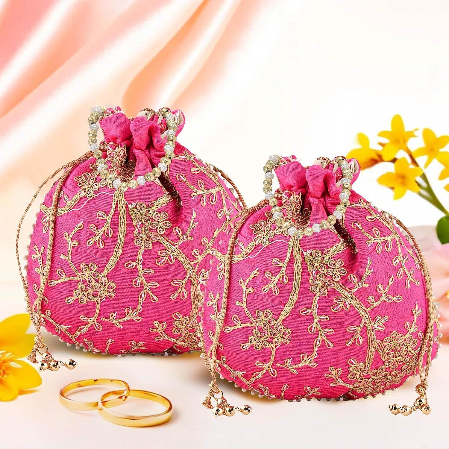 

Pack of 2 Potli Bags for Ladies & Girls | Women Shagun Pouches for Festive Seasons | Embroidery Batwa Bag Bridal Purse -Pink