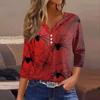 Women's Fashion Casual T-Shirt V-Neck Seven Sleeve  Printed Button Top