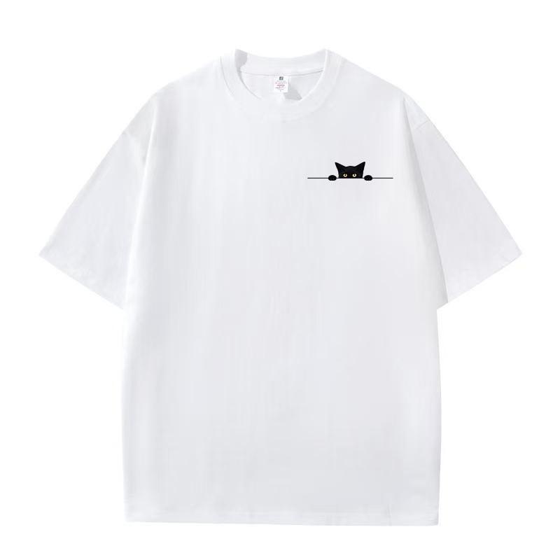 Summer New Tops American Trends Peek Kitten Print Loose Round Neck Men and Women Couple Cotton Short-sleeved T-shirt