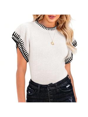 Maglione lavorato a maglia da donna a righe con balze a maniche corte, girocollo, vestibilità larga, top estivo