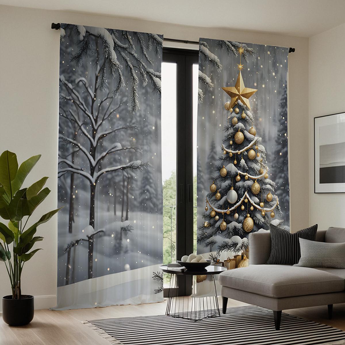 

2 шт. HD Рождественская елка Снежная Гора пейзаж декоративная занавеска белый галстук цифровая печать занавеска украшение дома стиль d W52H63inchW132H160cm