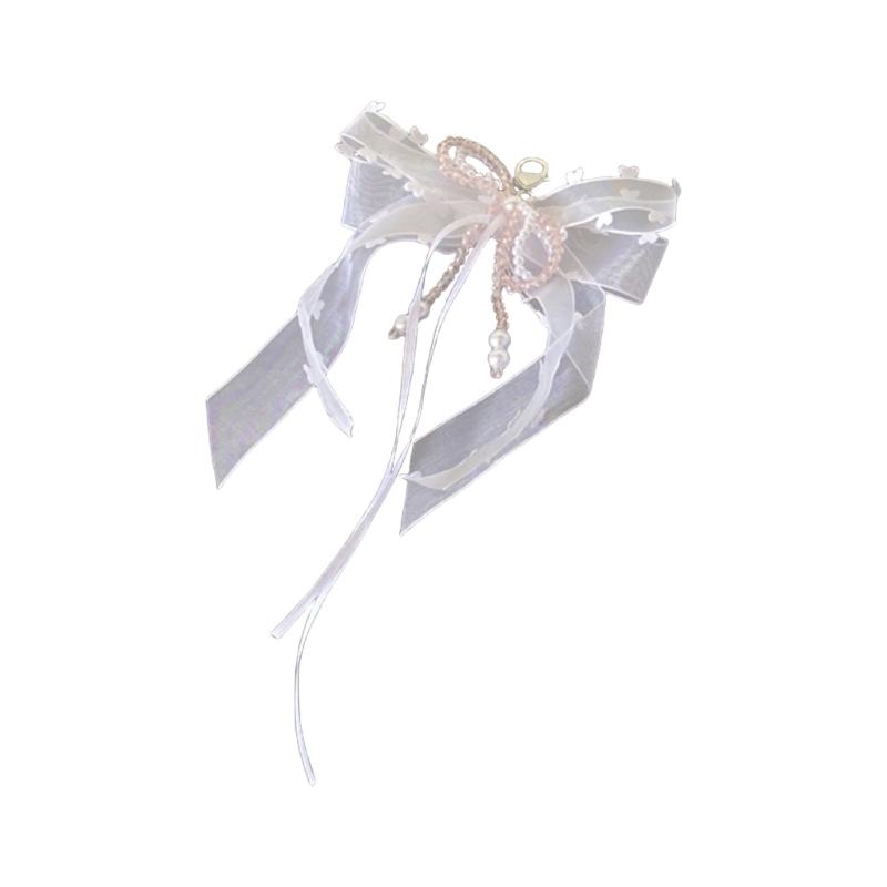 Handcrafted Bowknot Bag Pendant Artisanal Ribbon and Lace Bowknot Charm with Crystal Pearls for Purses and Keys 1