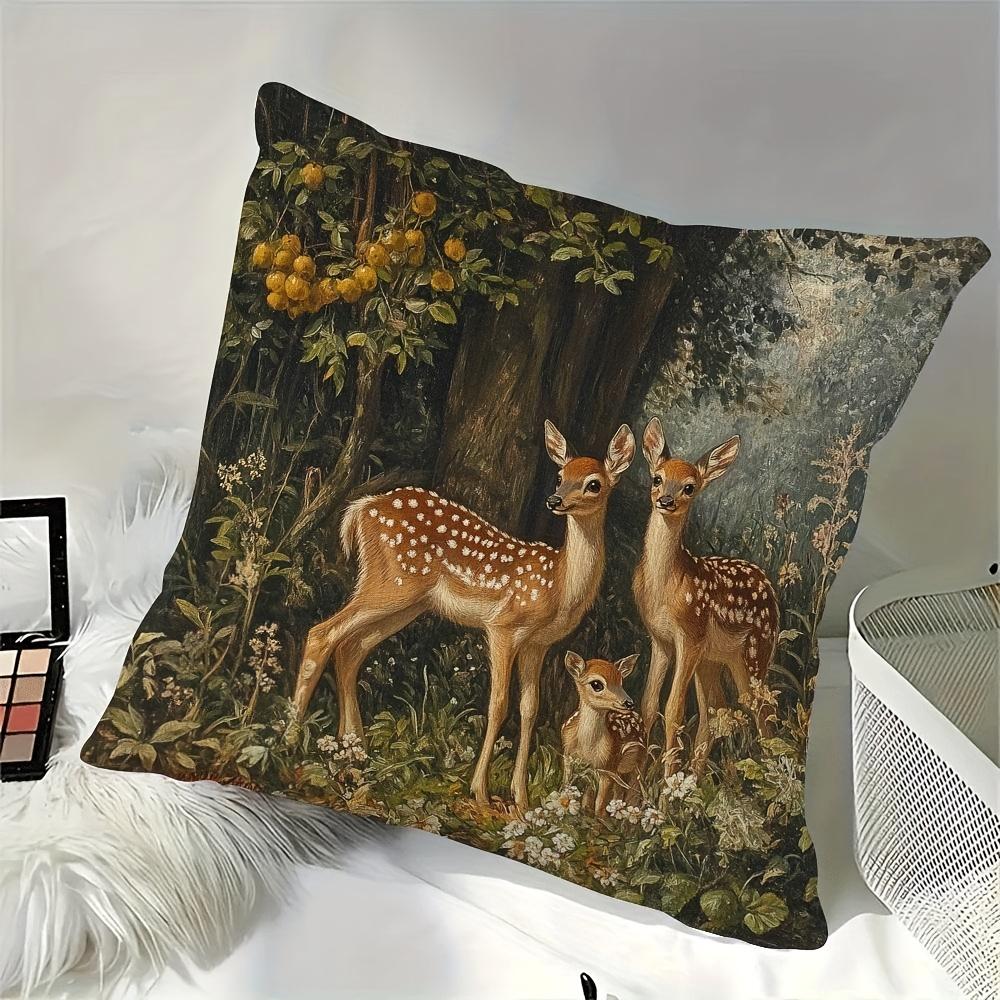 Deer And Fawns Double-Sided Decorative Pillowcase, Forest Animal Family Pattern Cushion Cover For Living Room Bedroom Decor