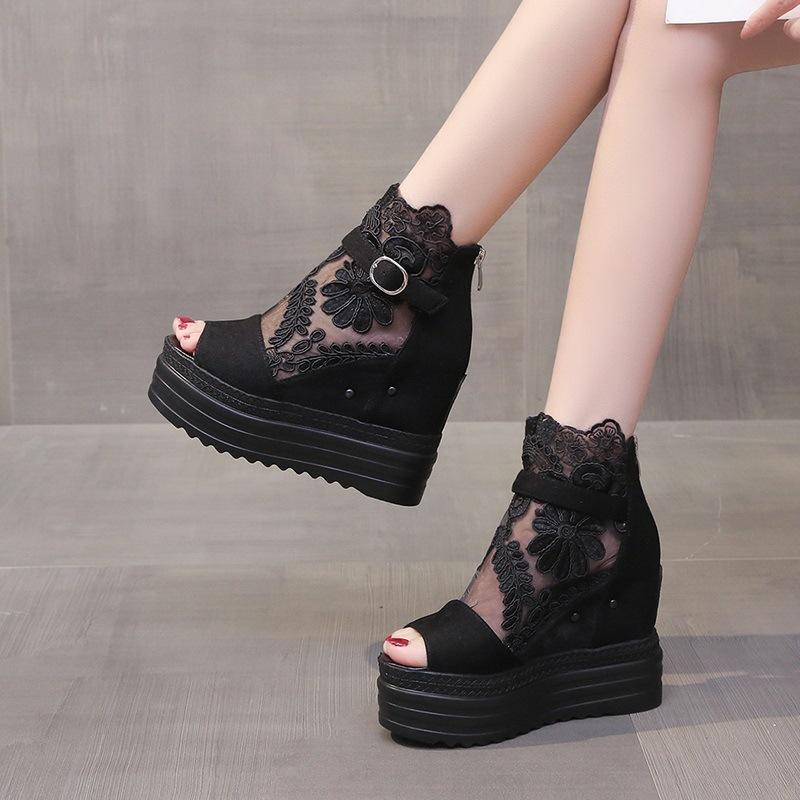 Fashion Wedge Sandals Women Summer 12cm Thick Bottom Muffin Fish Mouth Sandals Breathable Mesh Casual Shoes Platform Sandals Femme