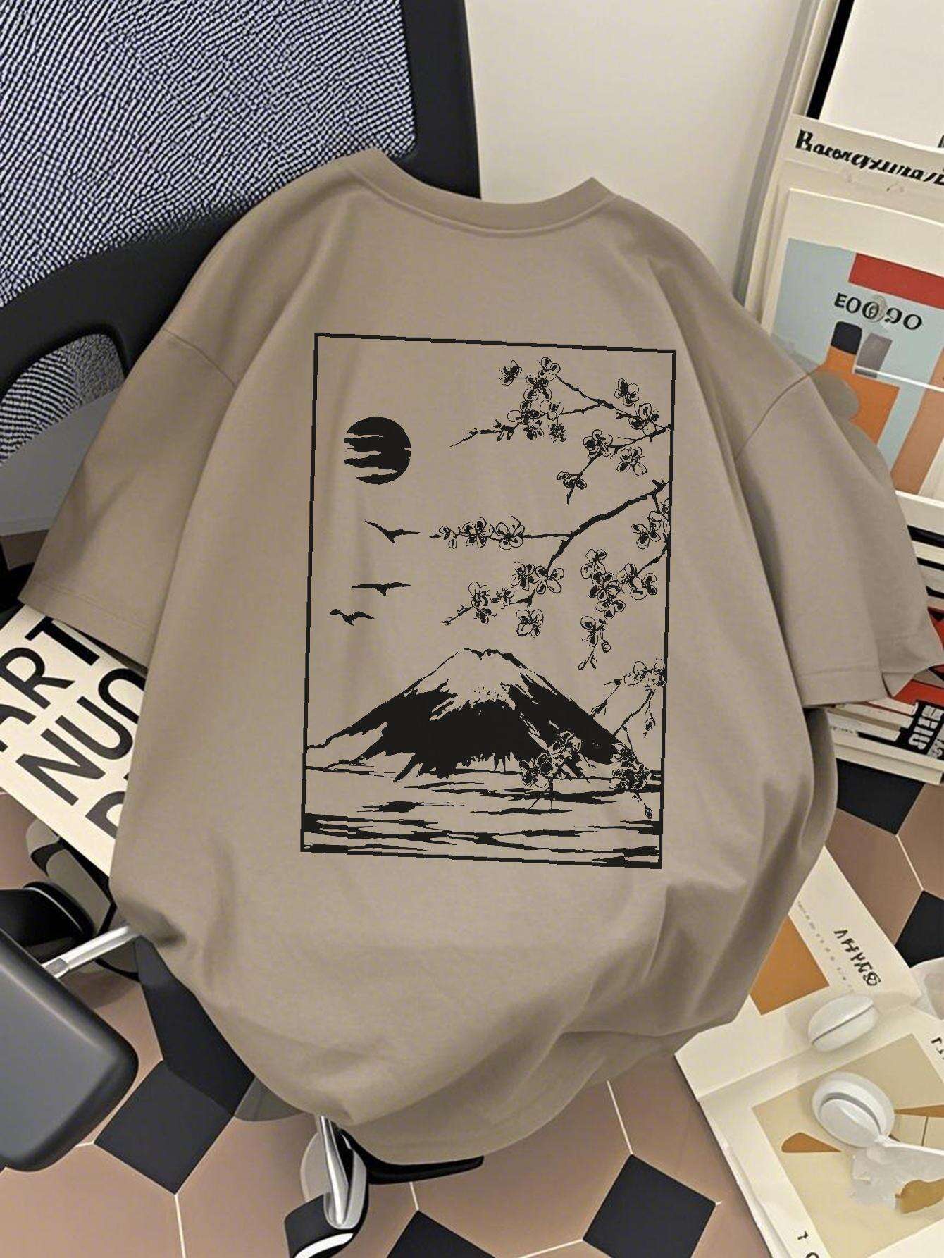 Men s Oversized Japanese Landscape Print T-Sh S