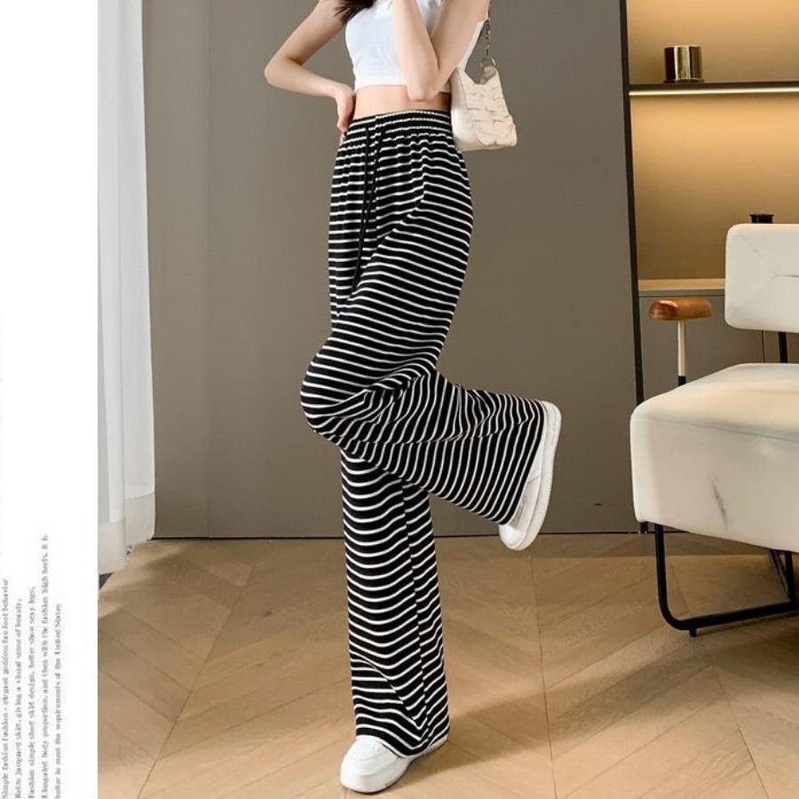 Pantalones de Pierna Ancha a Rayas Blancas y Negras para Mujer Primavera Verano Pierna Recta Sueltos Casuales Pantalones Versátiles con Estampado de Cebra