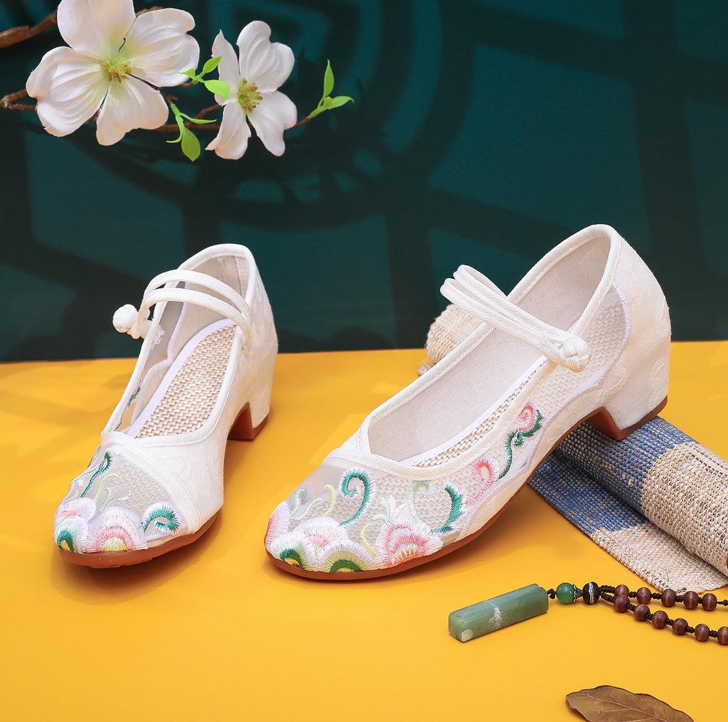 Mesh Fangdian, new square heel with cheongsam Hanfu shoes, ethnic style single shoes, embroidered shoes
