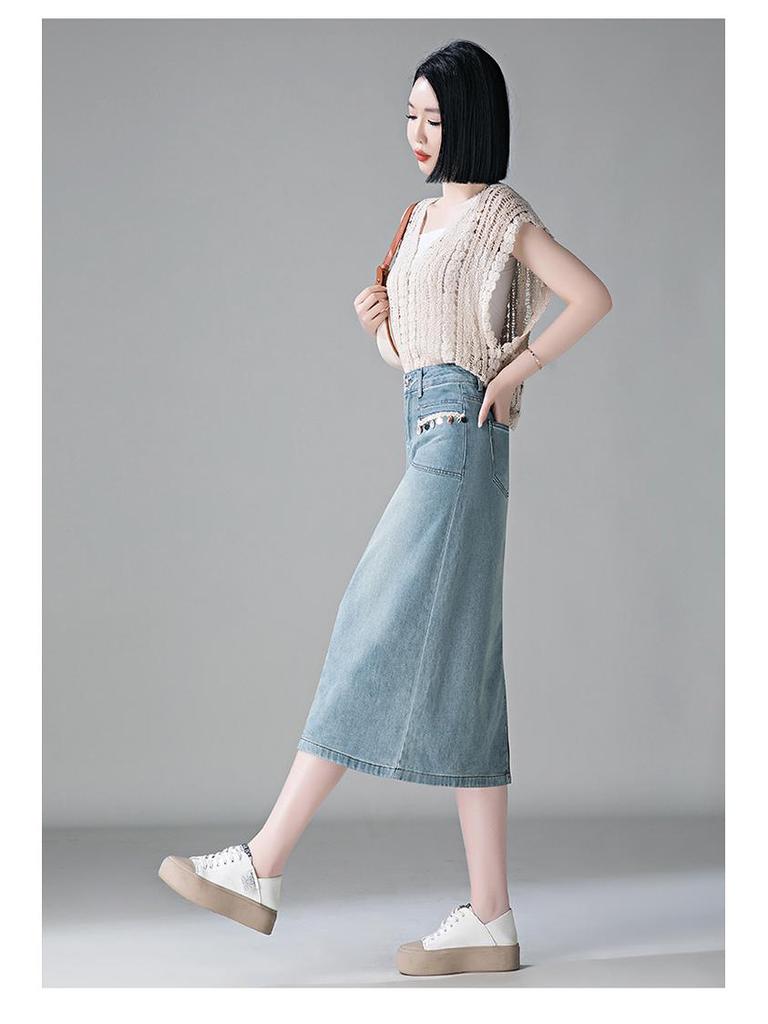 Damen Hellblauer High-Waist Jeans-A-Linien-Rock mit Schlitz - Frühjahr 2026 Mode