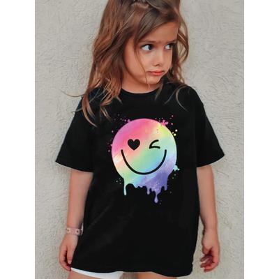 Girls Crew Neck Short Sleeve T-Shirt with Colorful Smiley Face Print