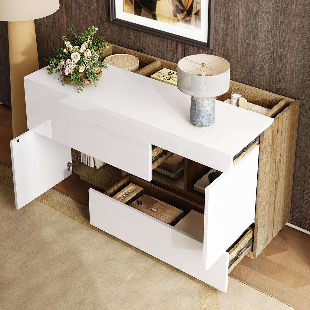 Sideboard, High-Gloss Sideboard, Display Cabinet, with Color-Changing LED Lighting, with Drawers