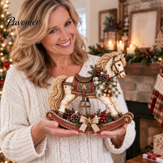 Small Statues for Holiday Displays Retro Christmas Rocking Horse Ornament with Pine Cones Berries Tabletop Collectible Table Decor Decoration, Vintage