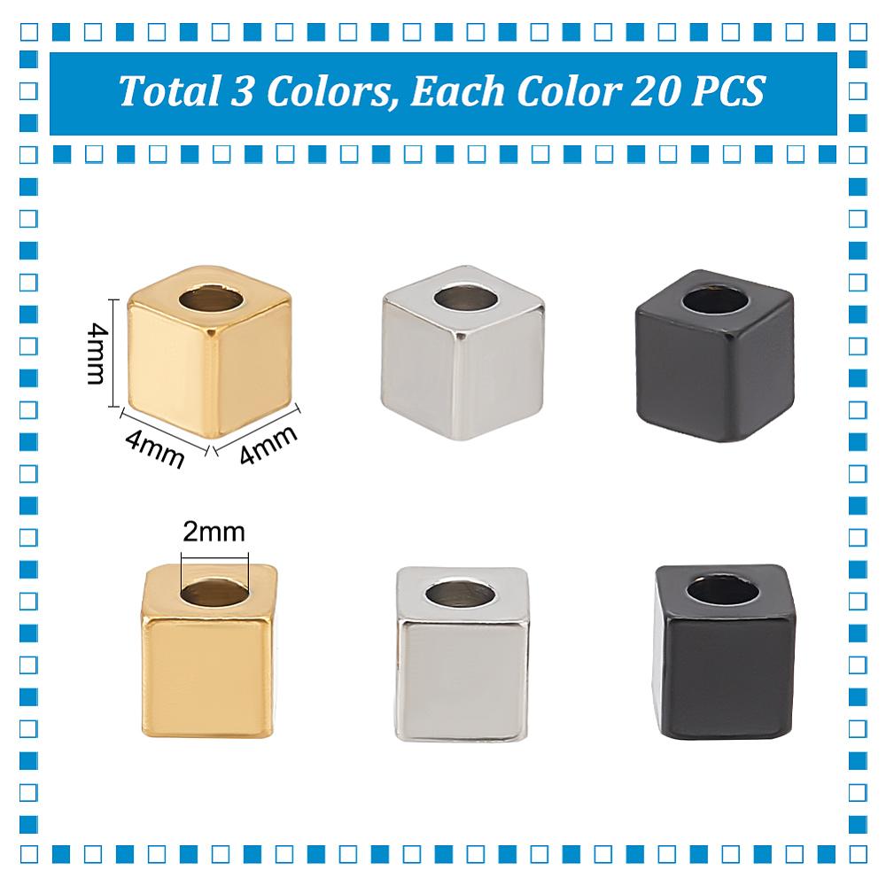60Pcs 3 Colors Ion Plating(IP) 304 Stainless Steel Beads, Cube, Mixed Color, 4x4x4mm, Hole: 2mm, 20pcs/color