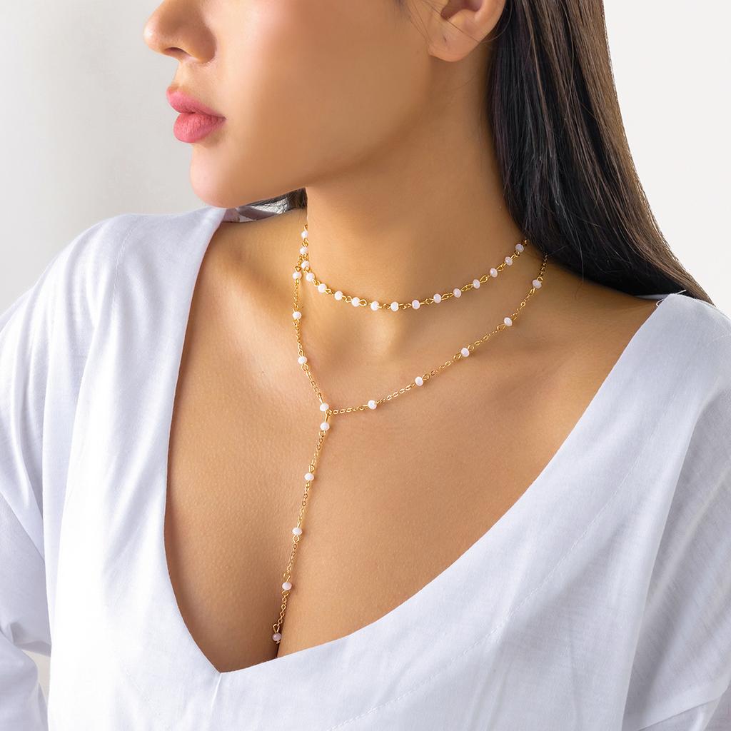 Accessories, Temperament Business Double-layer Necklace, Simple Imitation Crystal Handmade Chain Fringed Necklace Women