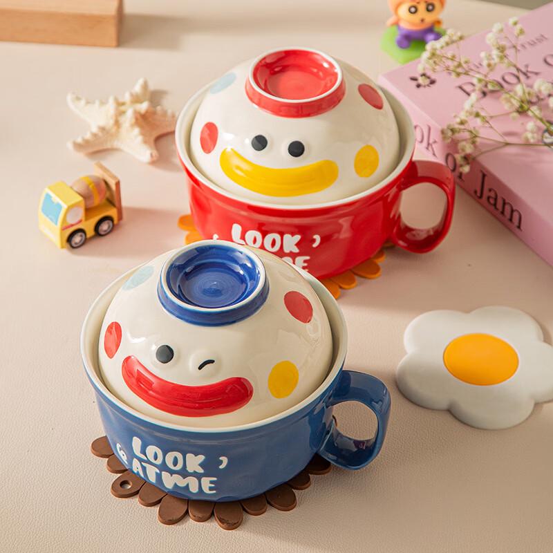 Abay Ceramic Cartoon Double Handle Noodle Bowl with Lid