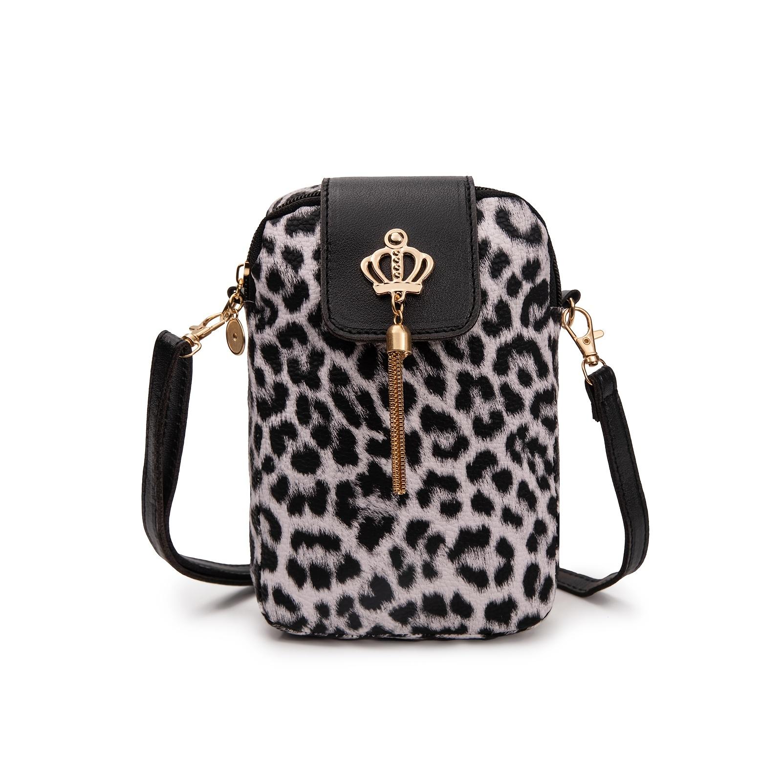 

Женская сумка кроссбоди с леопардовым принтом, мини-кошелек с кисточкой-шармом в виде короны, съемный регулируемый ремешок, кошелек для телефона, дорожный аксессуар, наплечная сумка