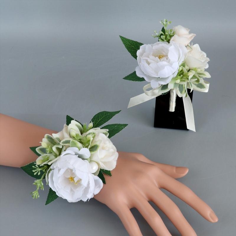 5Pcs Wrist Corsages Bracelets Artificial Rose Boutonniere for Grooms and Bride Wedding Party Proms Suit Decorations