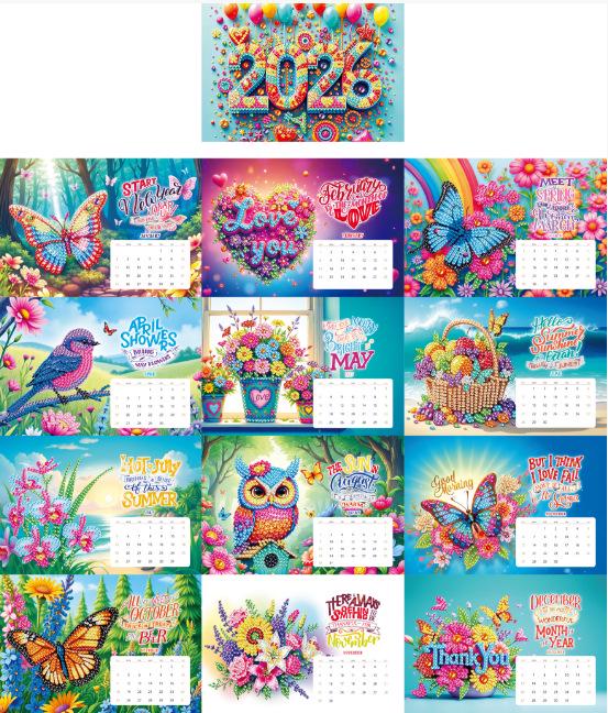 2026 Diamond Painting Accessories Desk Calendar - Handmade DIY Cartoon 12-Piece Set