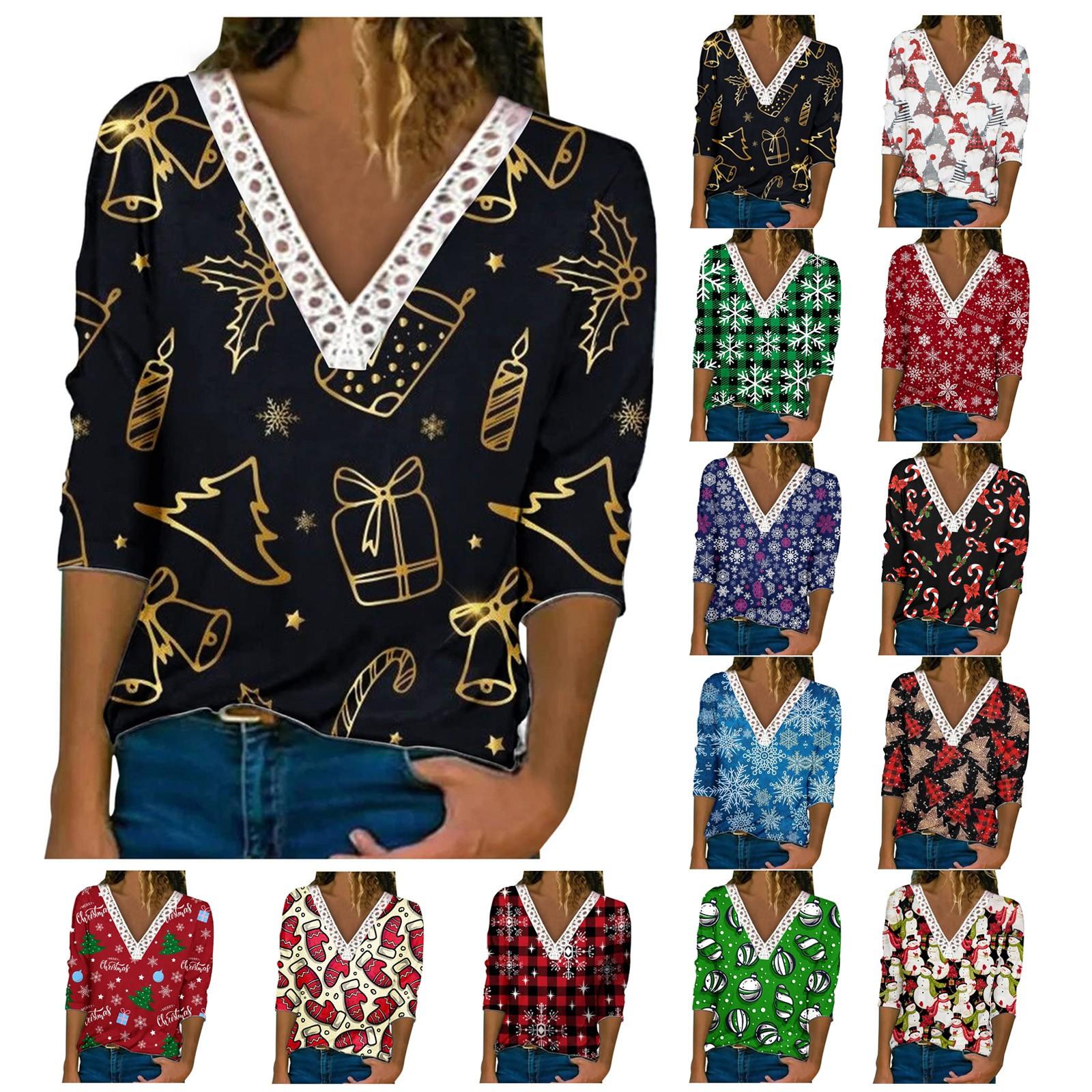 

Женская женская повседневная футболка с v-образным вырезом и длинным рукавом, удобная свободная футболка с кружевным принтом, топ, рождественский топ