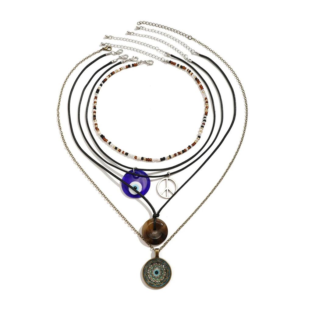 5 Stück Ethnischer Friedensschnallen Blauer Türkischer Glücksaugen Anhänger Choker Halskette für Frauen Vintage Stein Leder Wachsfaden Kette Schmuck