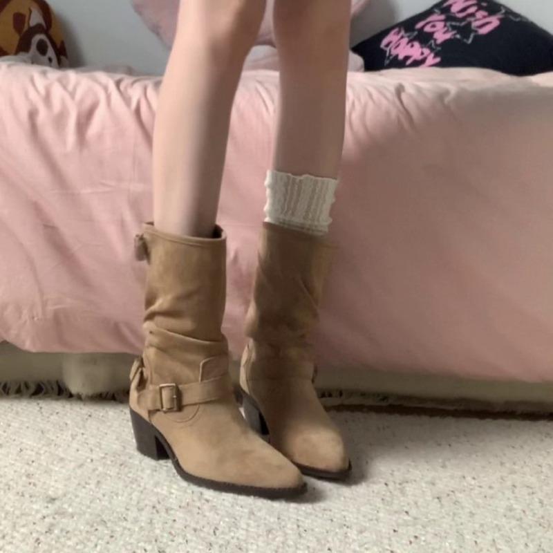 Fashion women boots Pointed Coarse Heel Short Boots British Style Belt Buckle women Boot high quality Fashion Temperament leather Boots