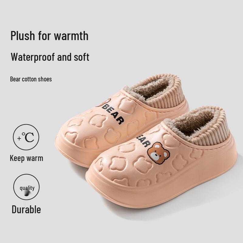 Men's and Women's Waterproof Cotton Slippers: 2024 Autumn/Winter Non-Slip Wrap-Heel, Plus Velvet for Indoor Warmth.