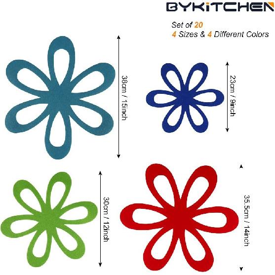 BYKITCHEN Felt Pan Separators, Set of 20 & 4 Different Sizes, Flower Glass Bowl Dish Separator Protectors for Stacking and Protecting Glassware,