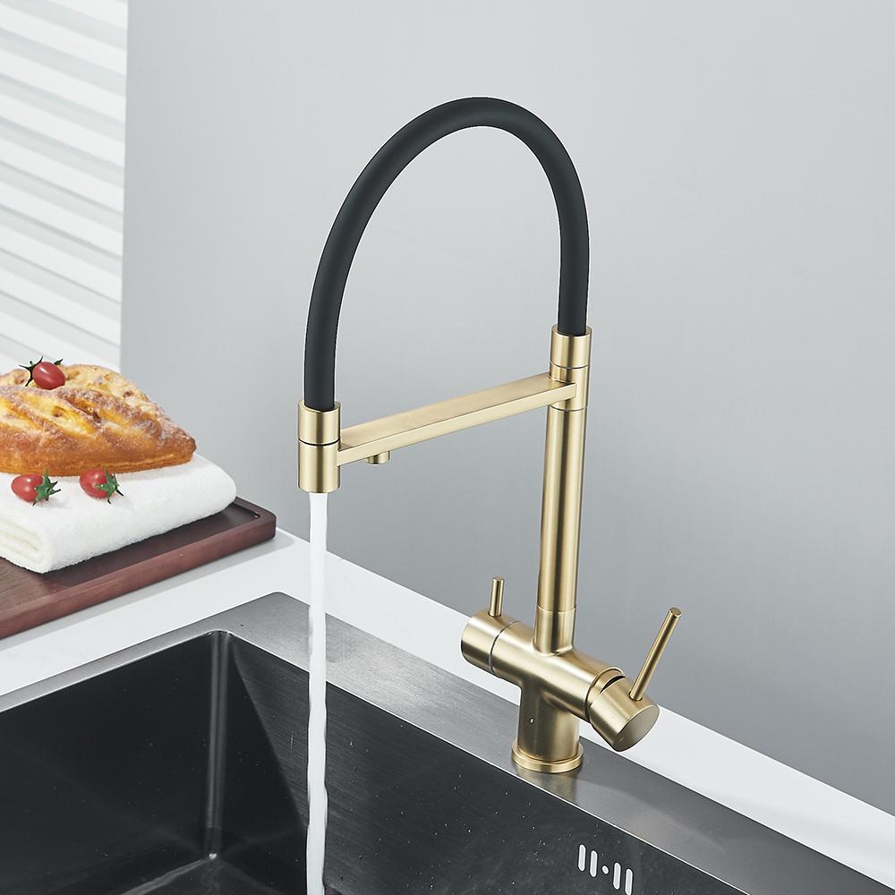 Brushed Gold Kitchen Faucet Purifier Faucets Drinking Water Tap Dual Spout Filtered Crane Hot Cold Mixer Tap Deck Mounted